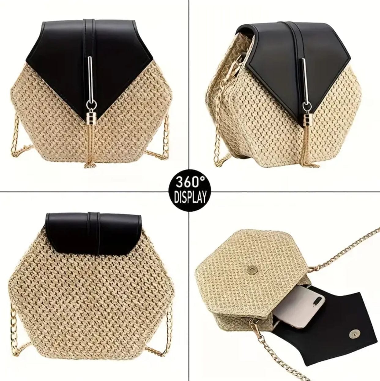 Hexagon Shaped Woven Straw Design Purse