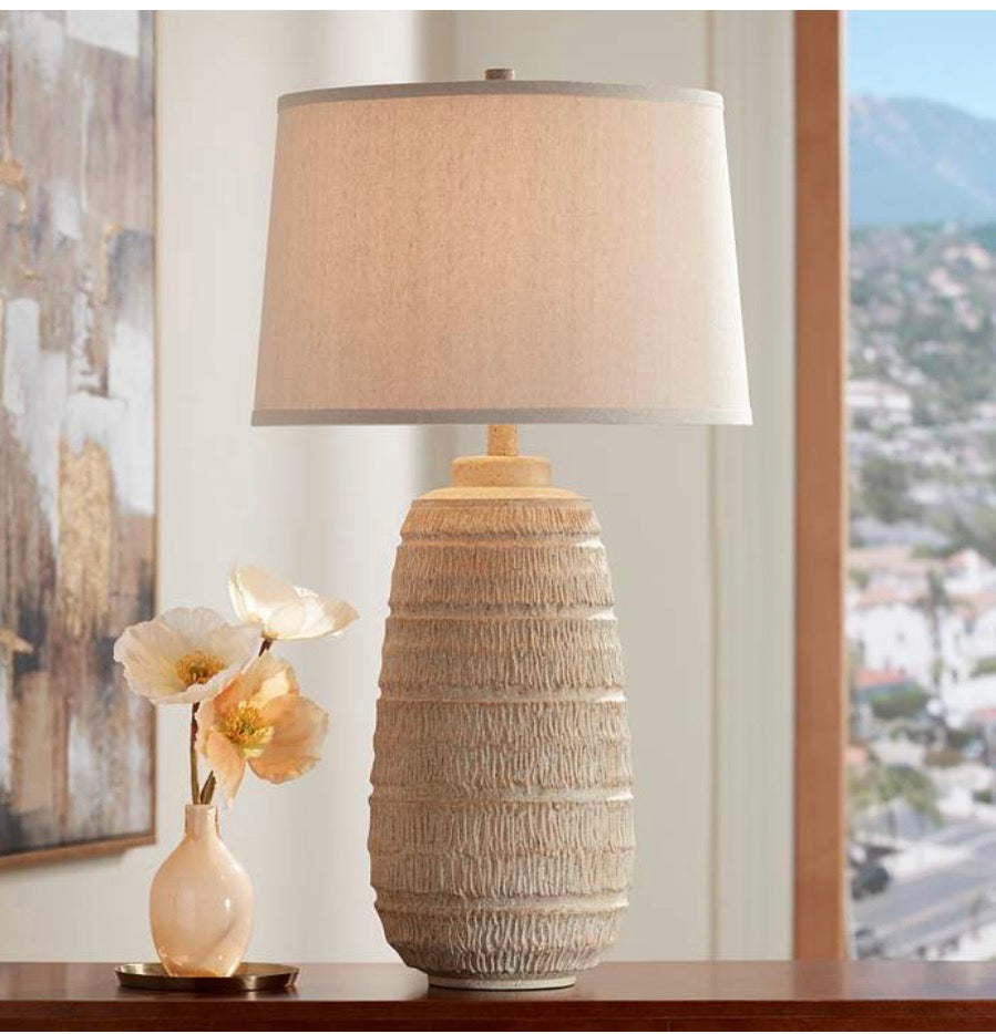 Faux Wood Lamp w Natural Shade