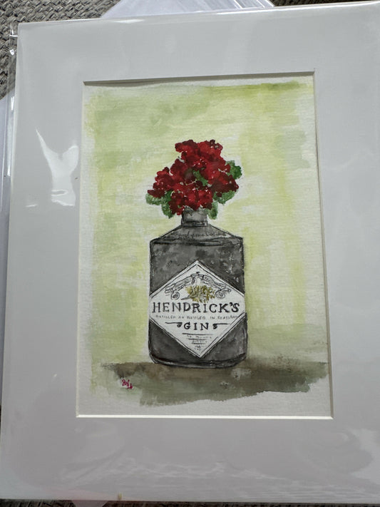 5x7 Original watercolor-matted to 8x10 “Geraniums in Gin”