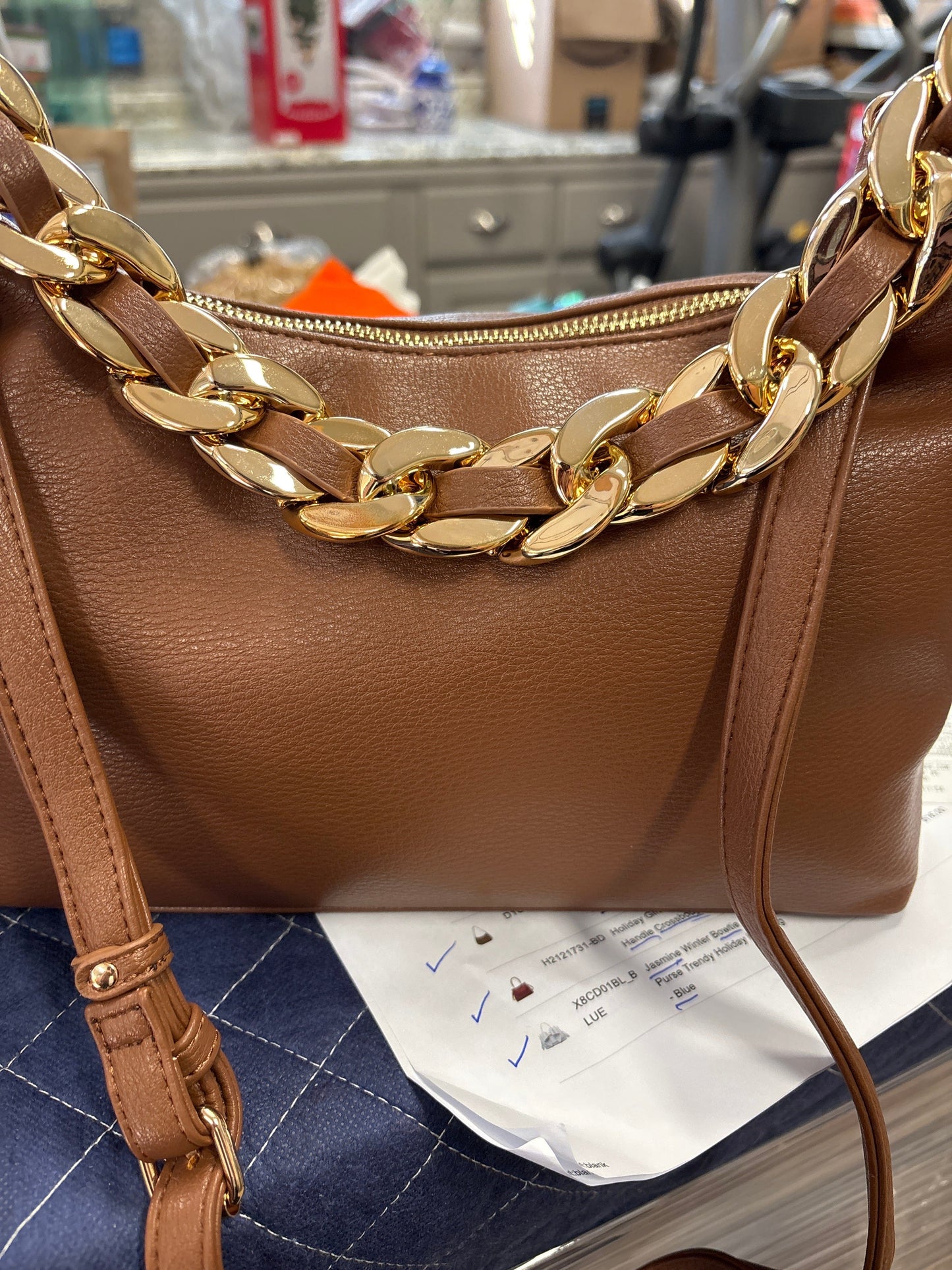 Braided Gold Chain Crossbody- Dk Brown