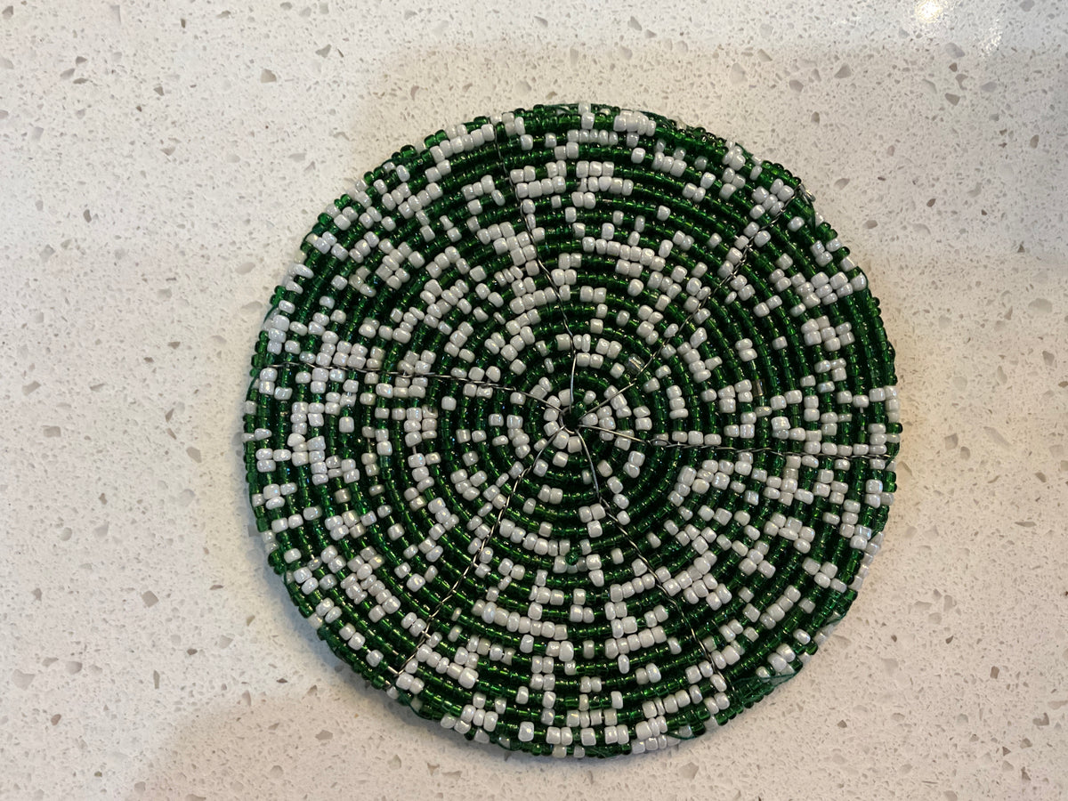 Green & White Beaded Coaster