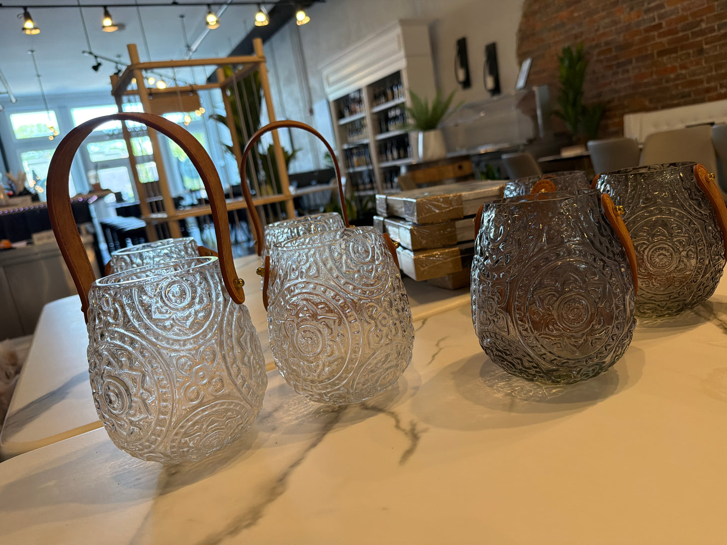 Cut Glass Lantern with leather strap