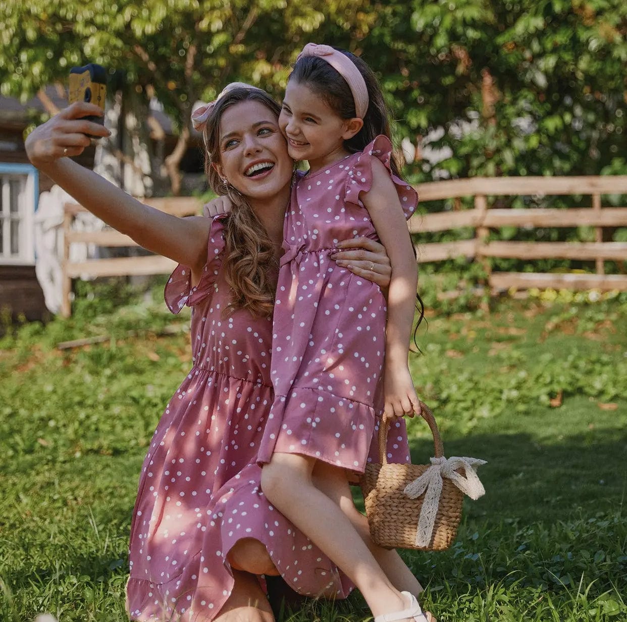 Pink Cross Wrap V-Neck Flutter-Sleeve Dress with Polka Dots