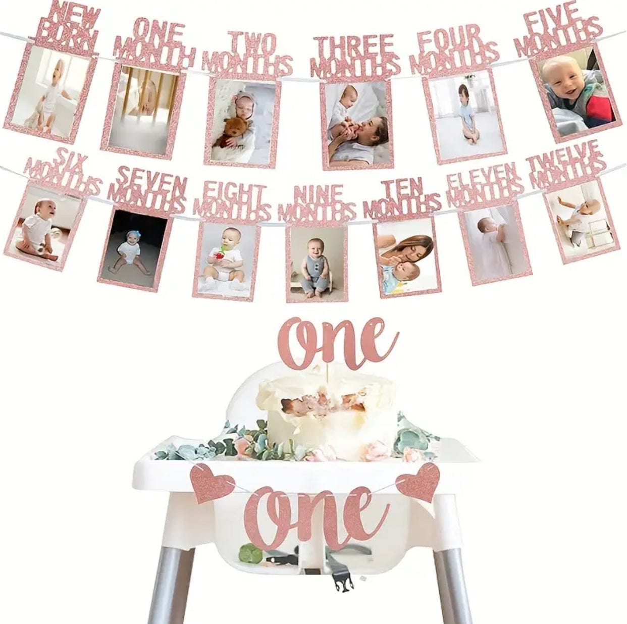 12 Month Photo Flag Set for 1st Birthday Pink