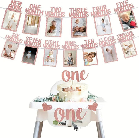 12 Month Photo Flag Set for 1st Birthday Pink