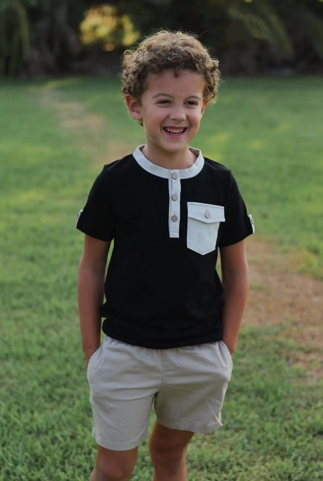 Boys Black Short Sleeved Henley Tee w/ Pocket and Buttons