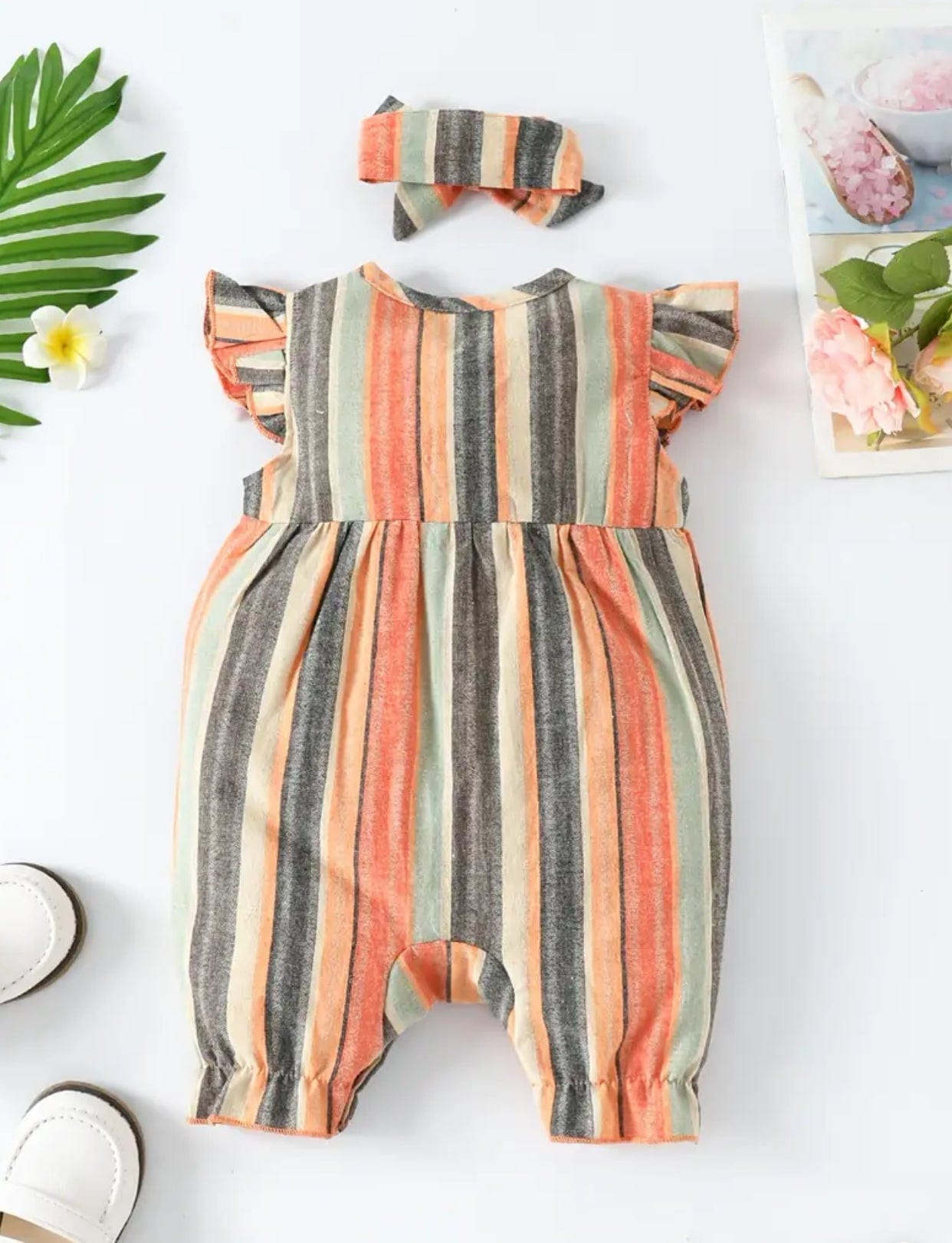 Striped and Ruffled Romper with Bow