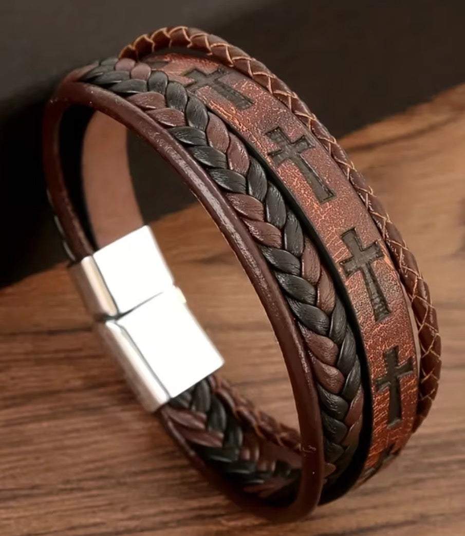 Men’s Leather Cross Bracelet