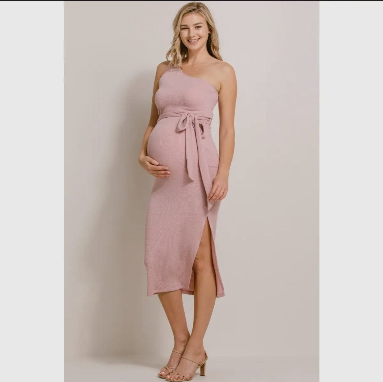 One-Shoulder Ribbed Maternity Side Slit Midi Dress
