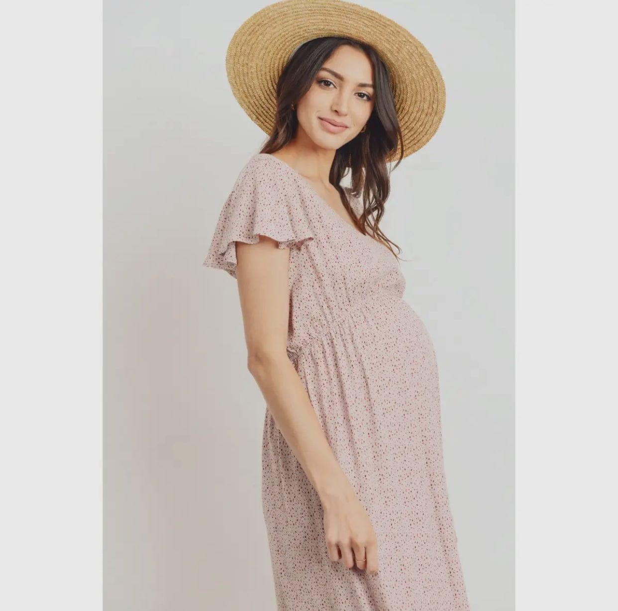 Flutter Sleeve V-Neck Maternity Ruffle Midi Dress