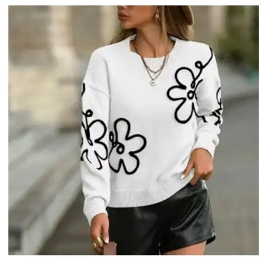 Flower Print Embroidered Sweater