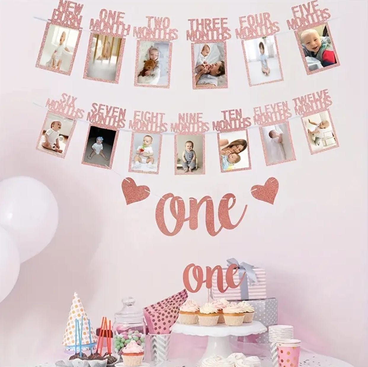 12 Month Photo Flag Set for 1st Birthday Pink