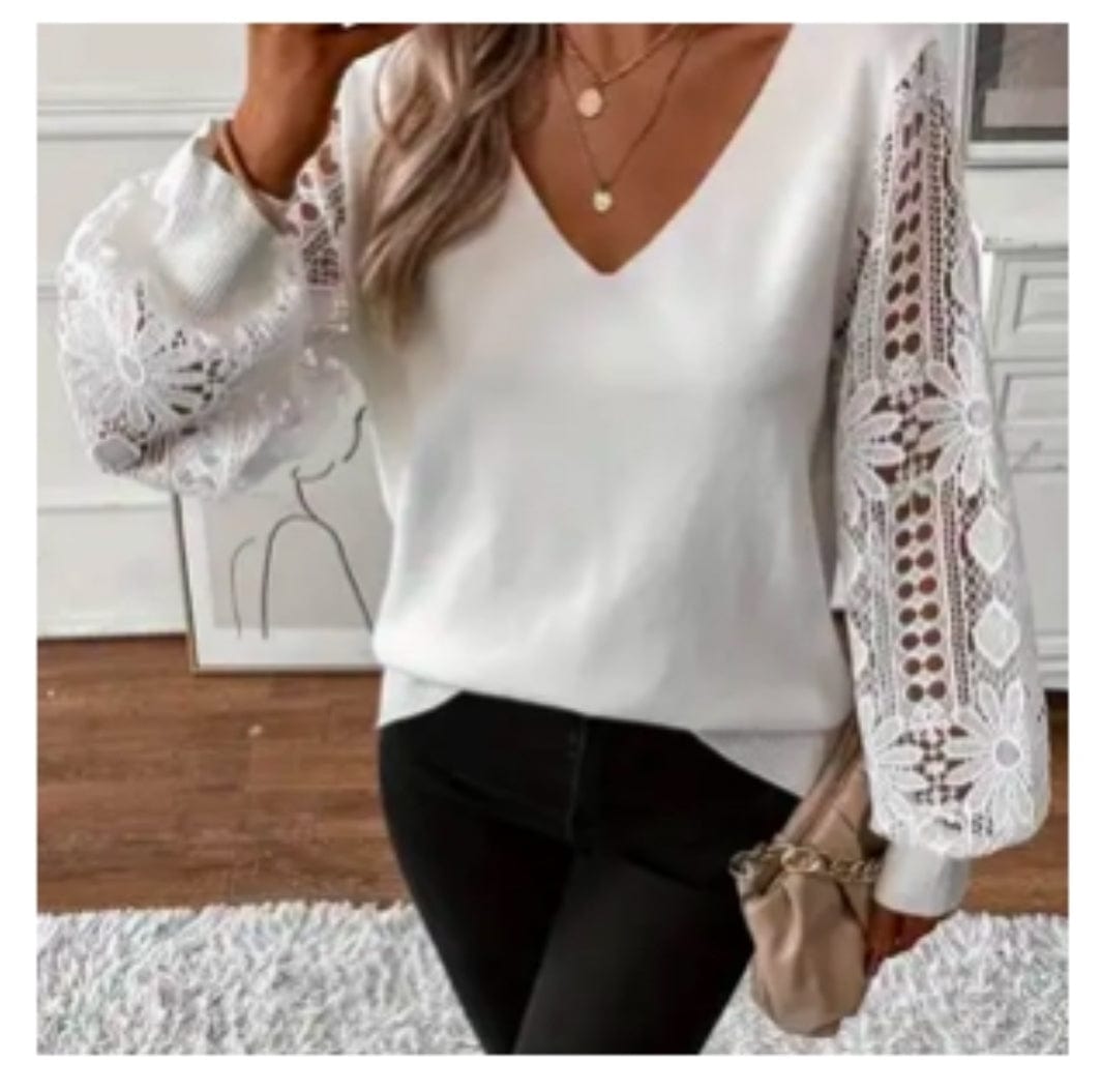 Lace Sleeve V-Neck Knit Sweater