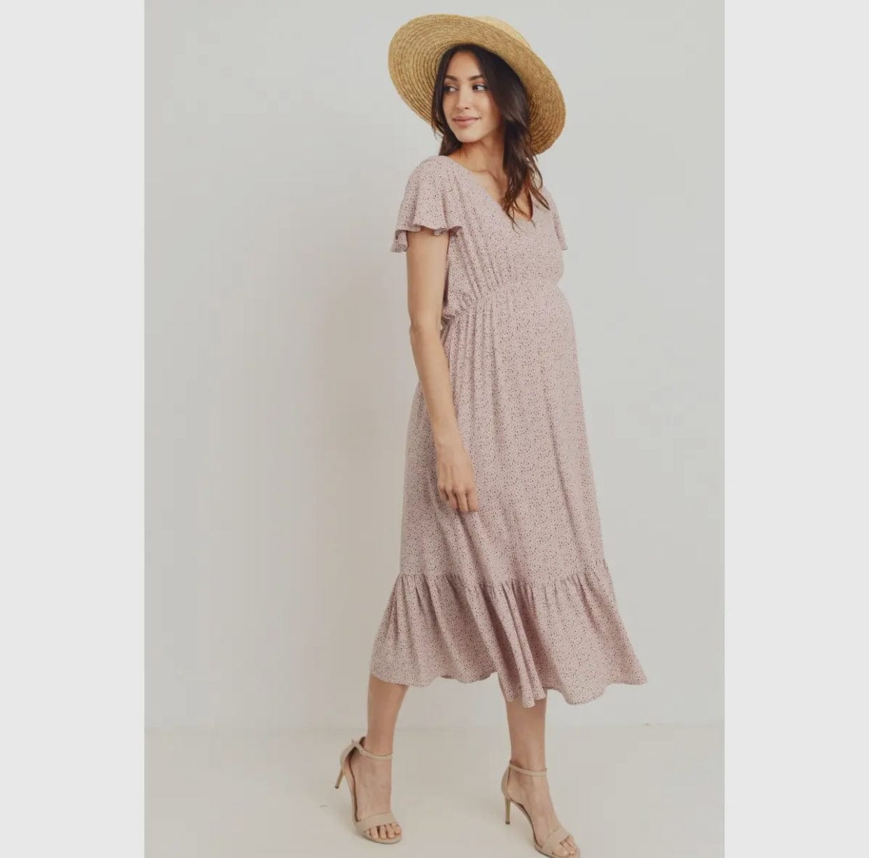 Flutter Sleeve V-Neck Maternity Ruffle Midi Dress