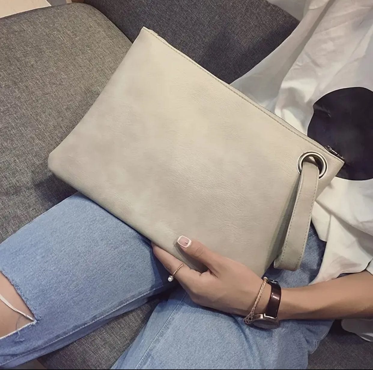 Trendy PU Leather Large Clutch w/Wrist Strap