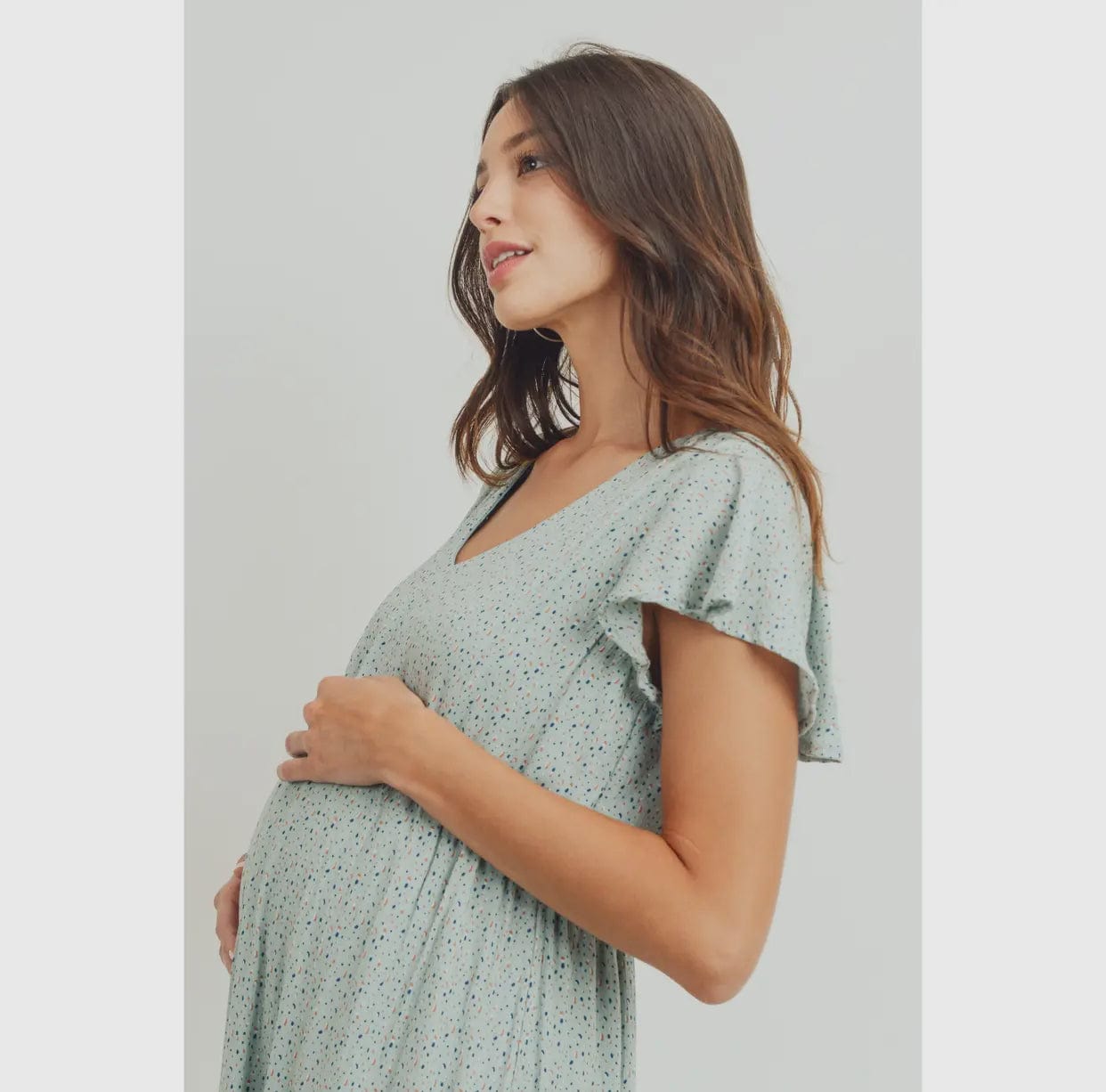 Flutter Sleeve V-Neck Maternity Ruffle Midi Dress
