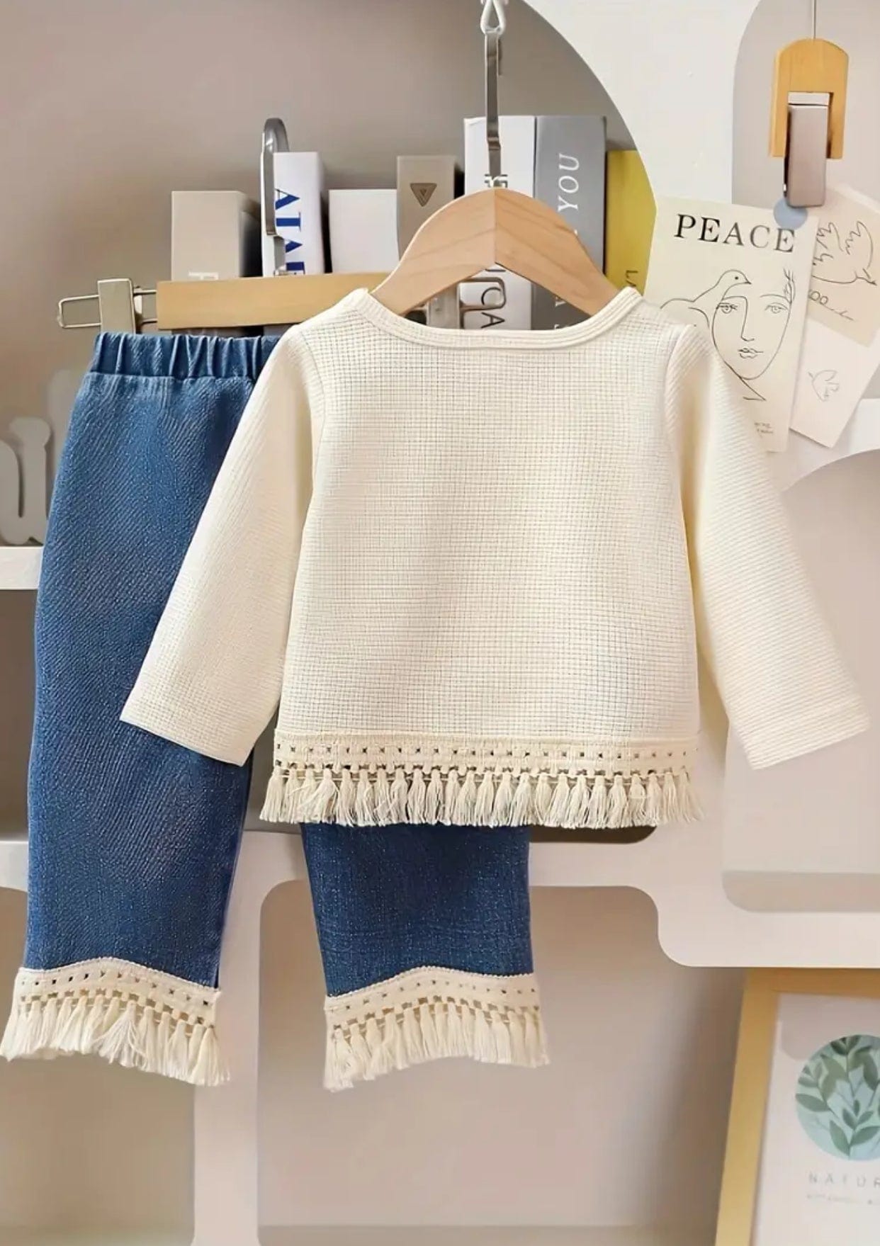 Girls’ Long Sleeve Top and Denim Pants with Tassels Set