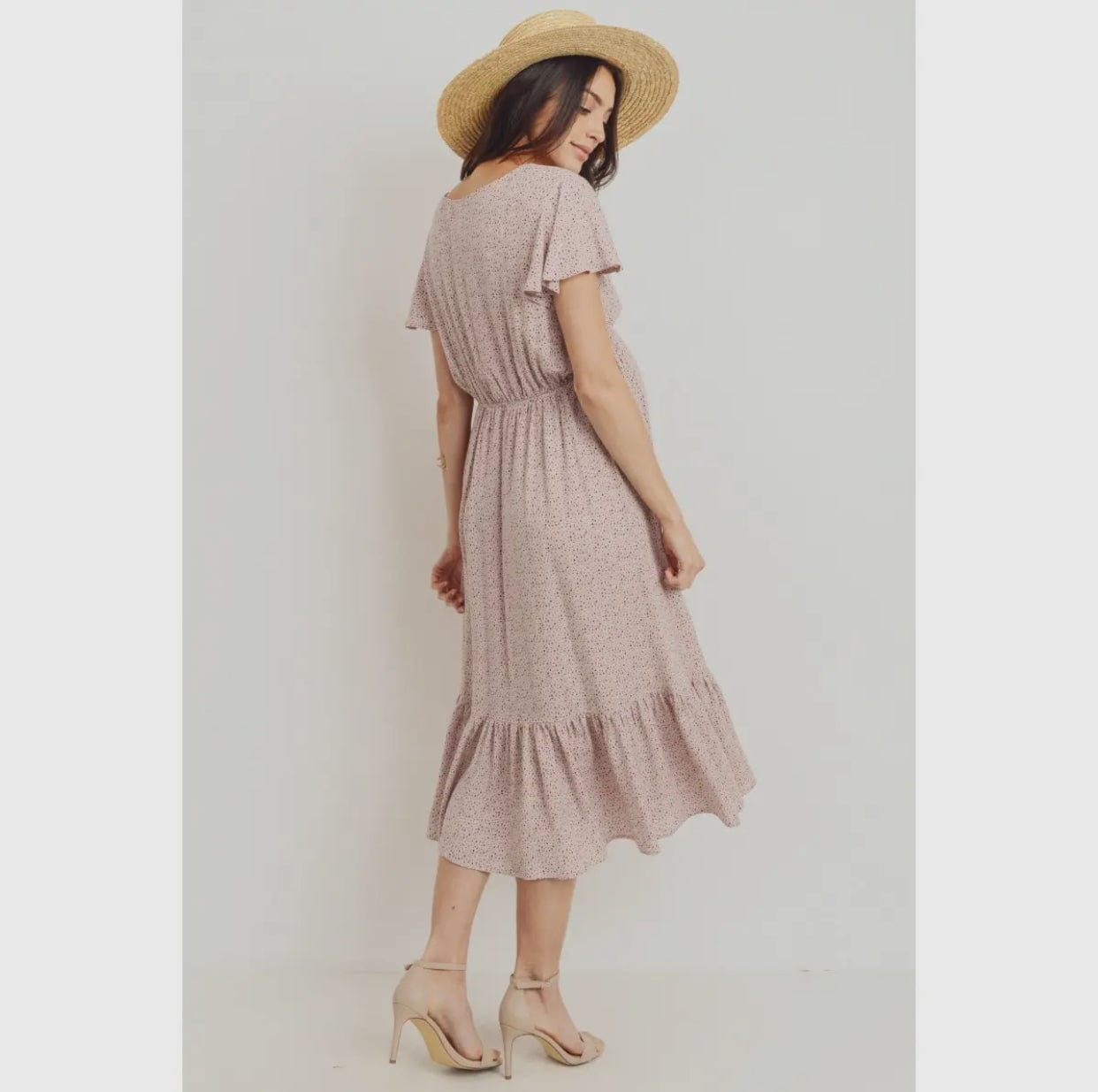 Flutter Sleeve V-Neck Maternity Ruffle Midi Dress