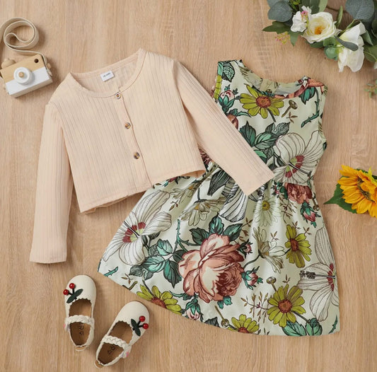 2pc Toddler Girl Floral Print Sleeveless Dress & Cardigan