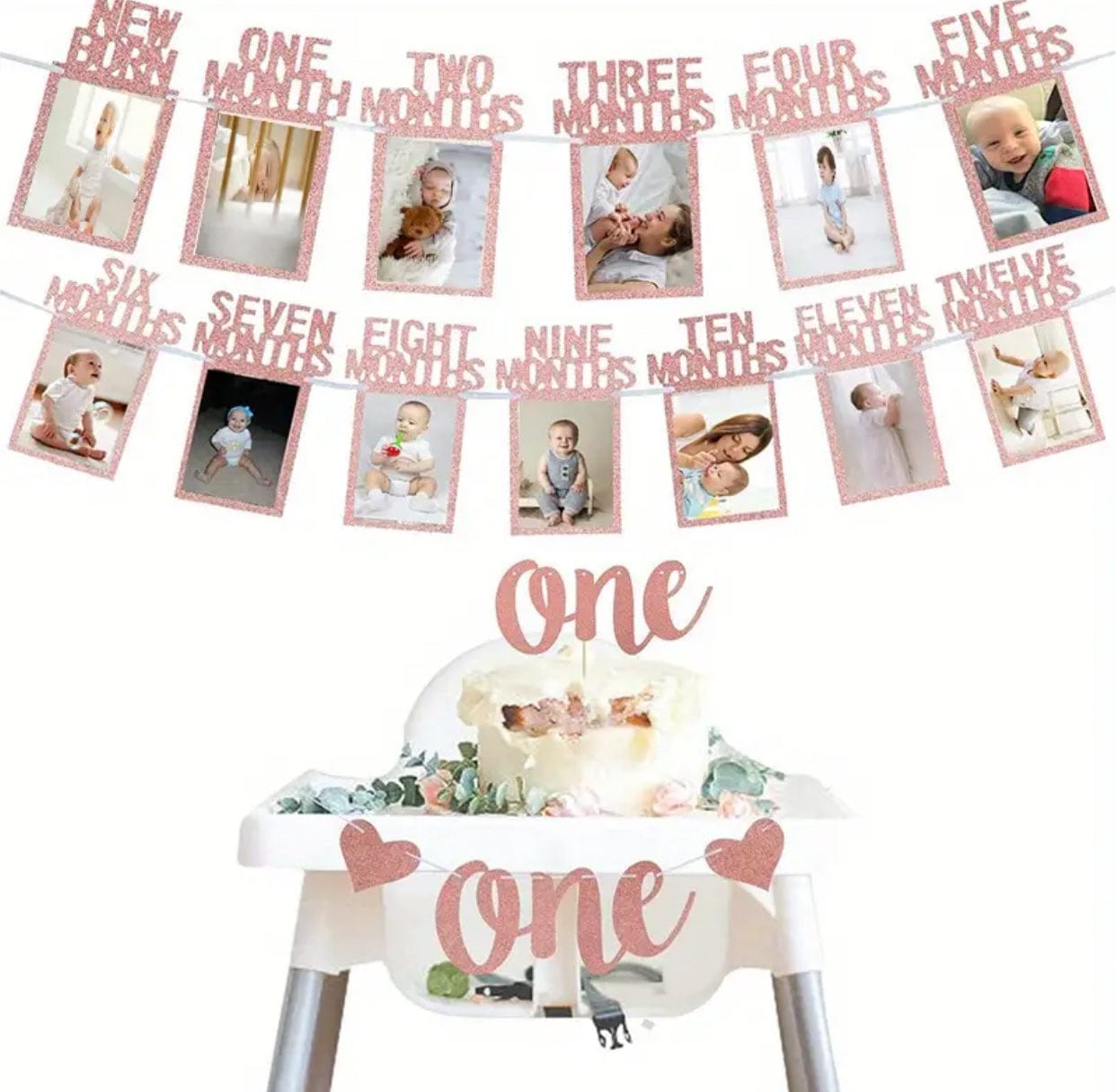 12 Month Photo Flag Set for 1st Birthday Pink