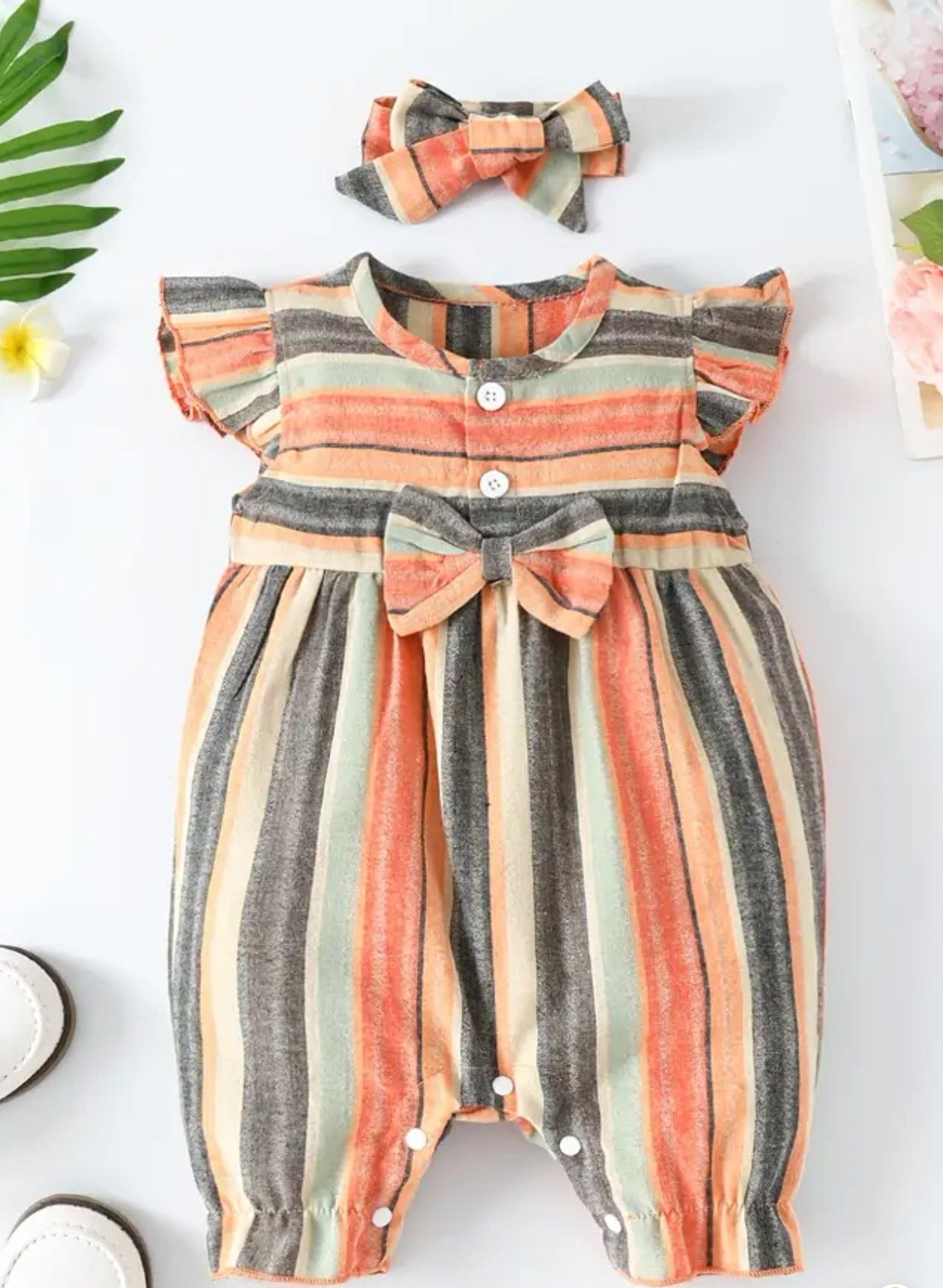 Striped and Ruffled Romper with Bow