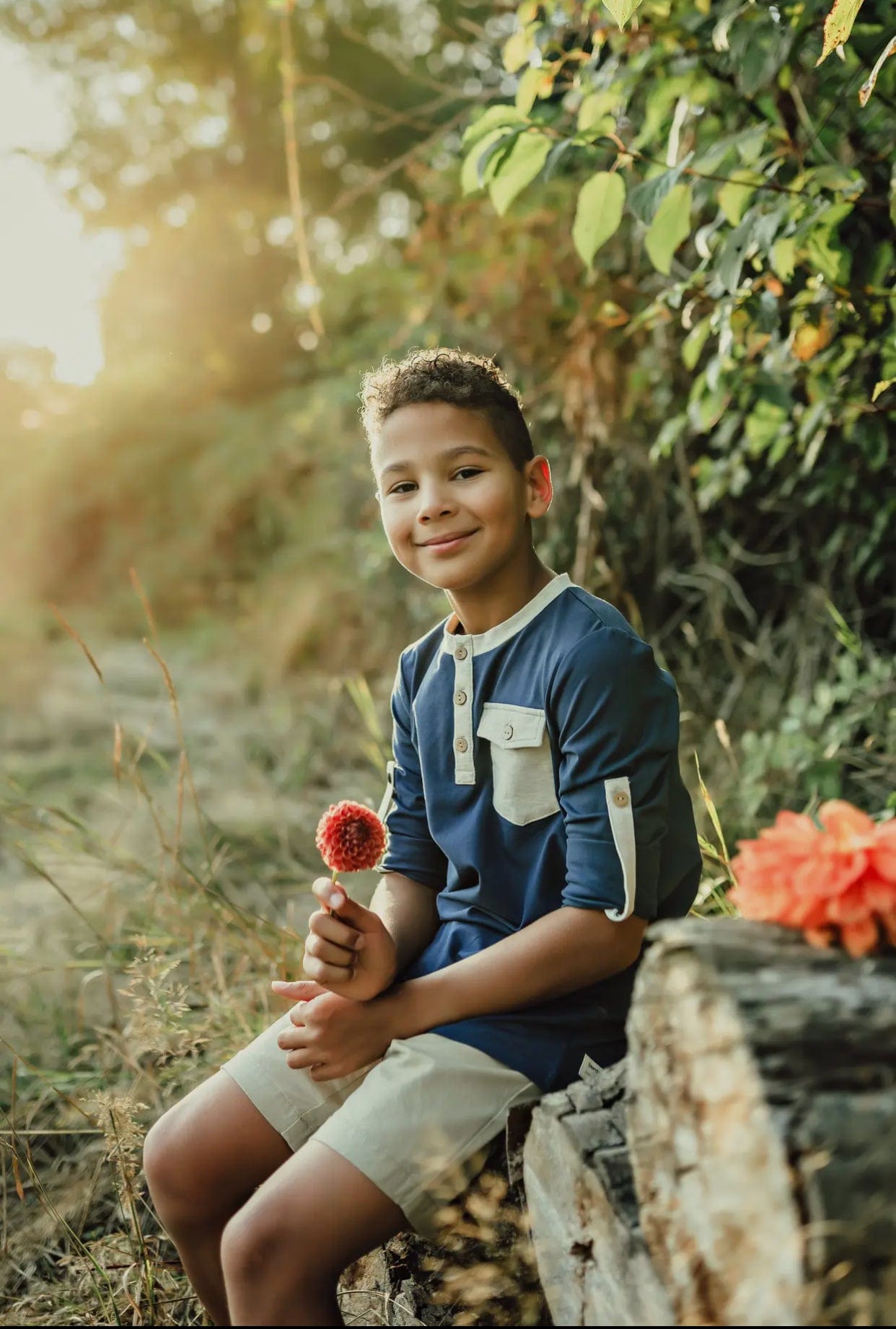 Boys Classic Navy Henley, Adjustable Sleeves w/ Pocket