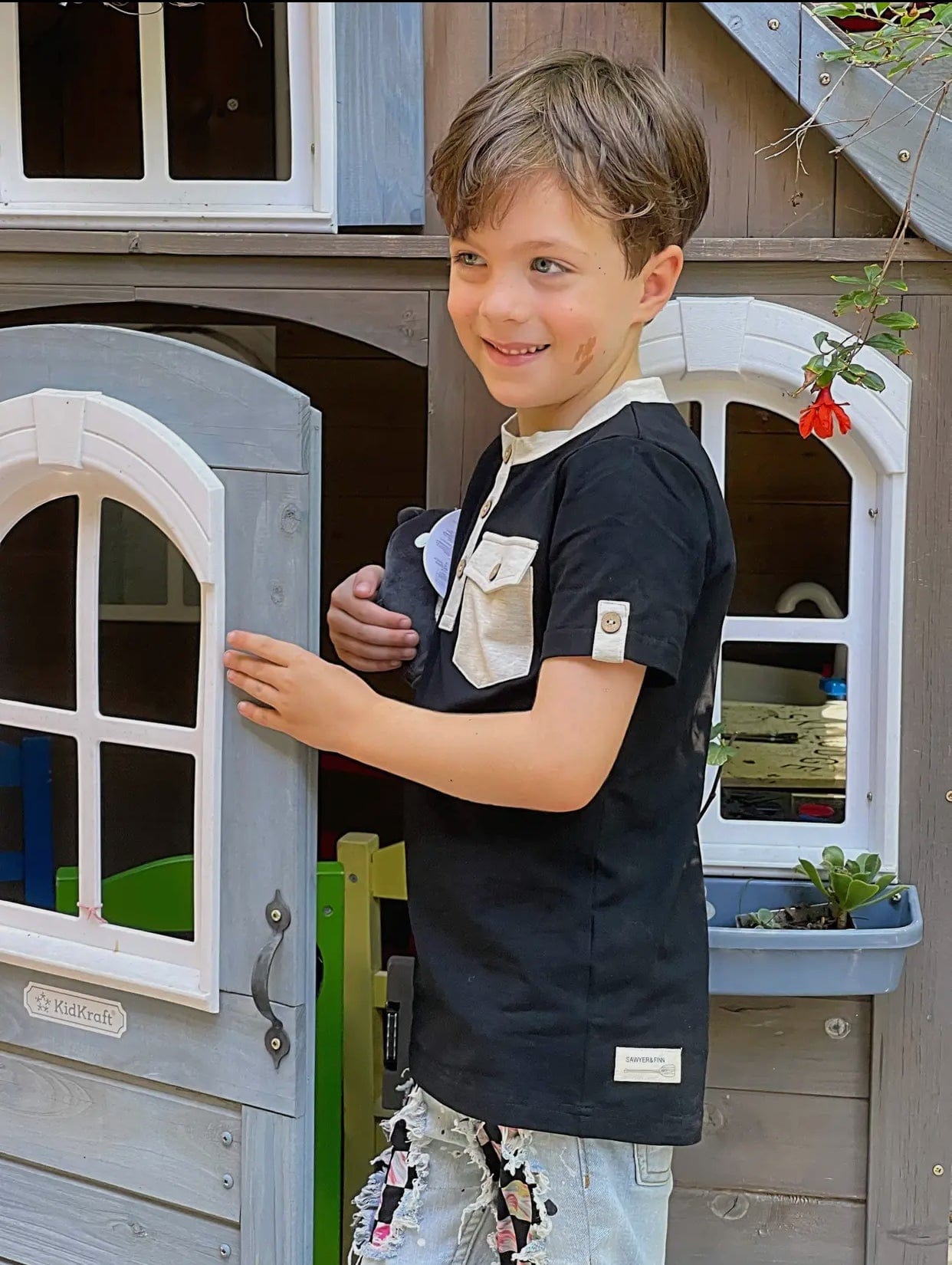 Boys Black Short Sleeved Henley Tee w/ Pocket and Buttons