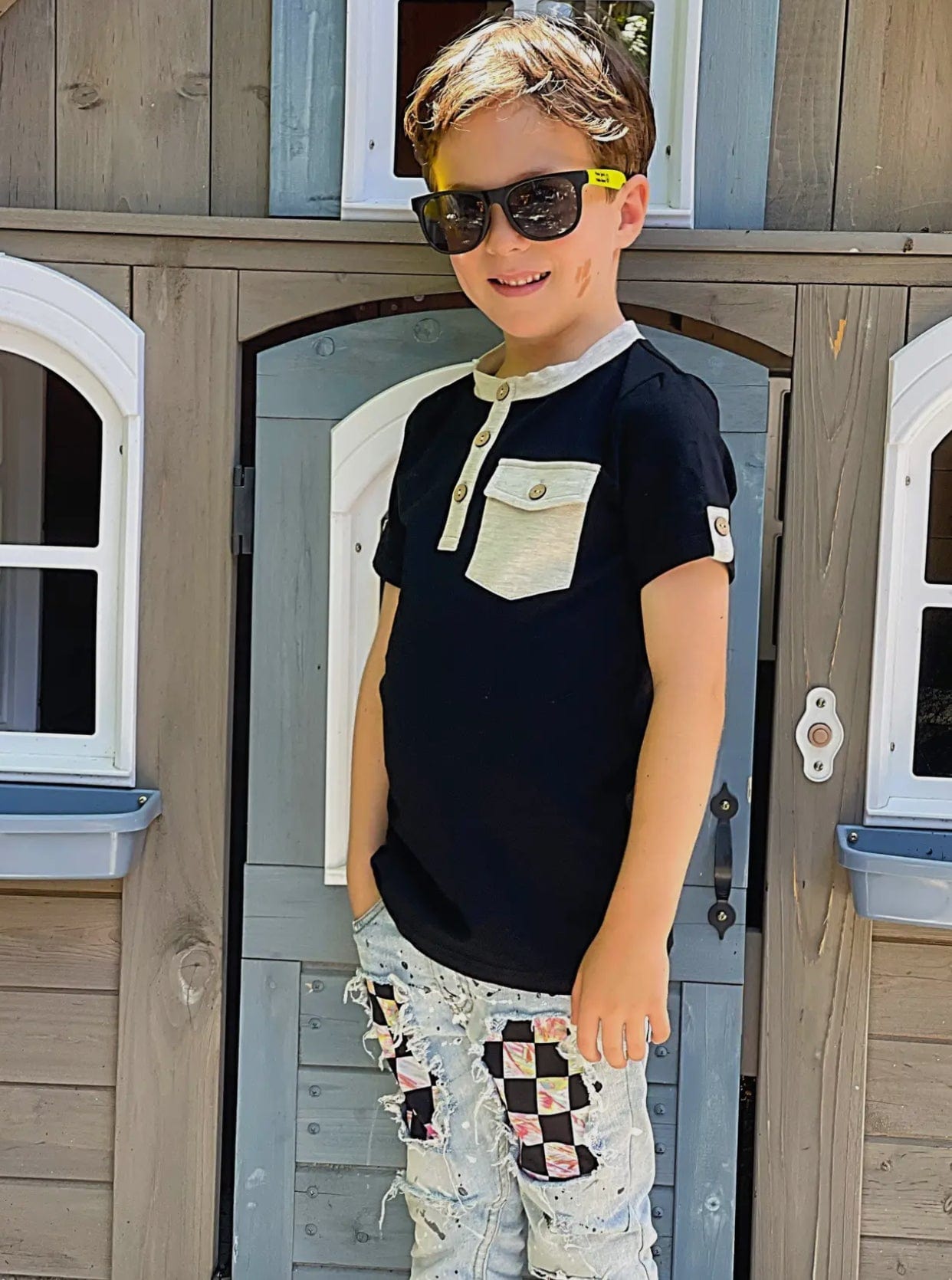 Boys Black Short Sleeved Henley Tee w/ Pocket and Buttons