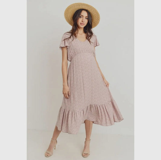 Flutter Sleeve V-Neck Maternity Ruffle Midi Dress