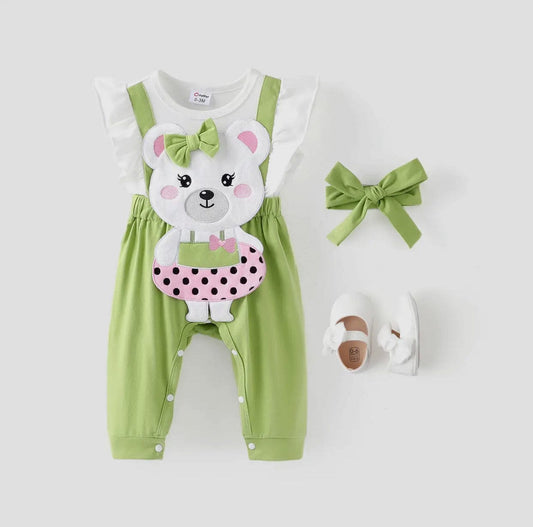 2pc 3D Bear Embroidery Jumpsuit Set