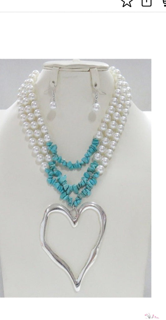 Silver Heart with Turquoise and pearls