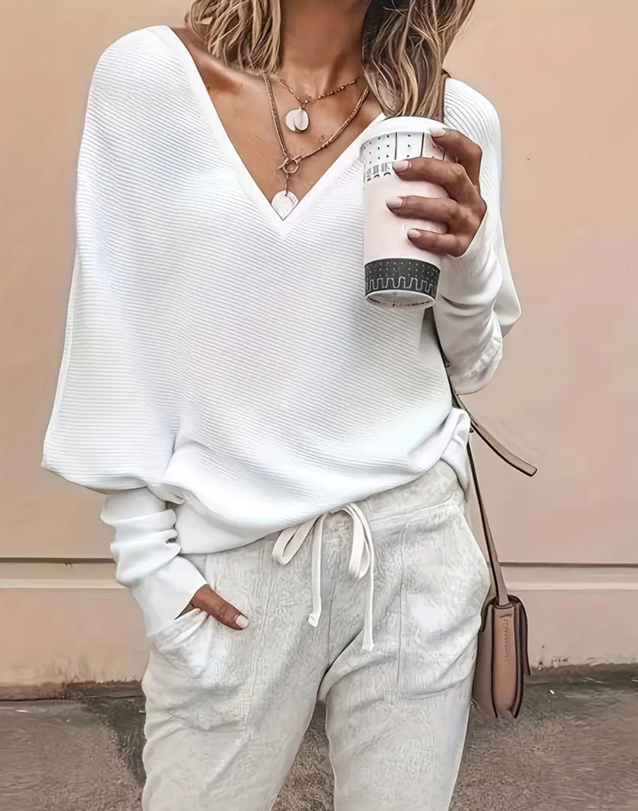 White asymmetry Casual V Neck Pullover Sweater