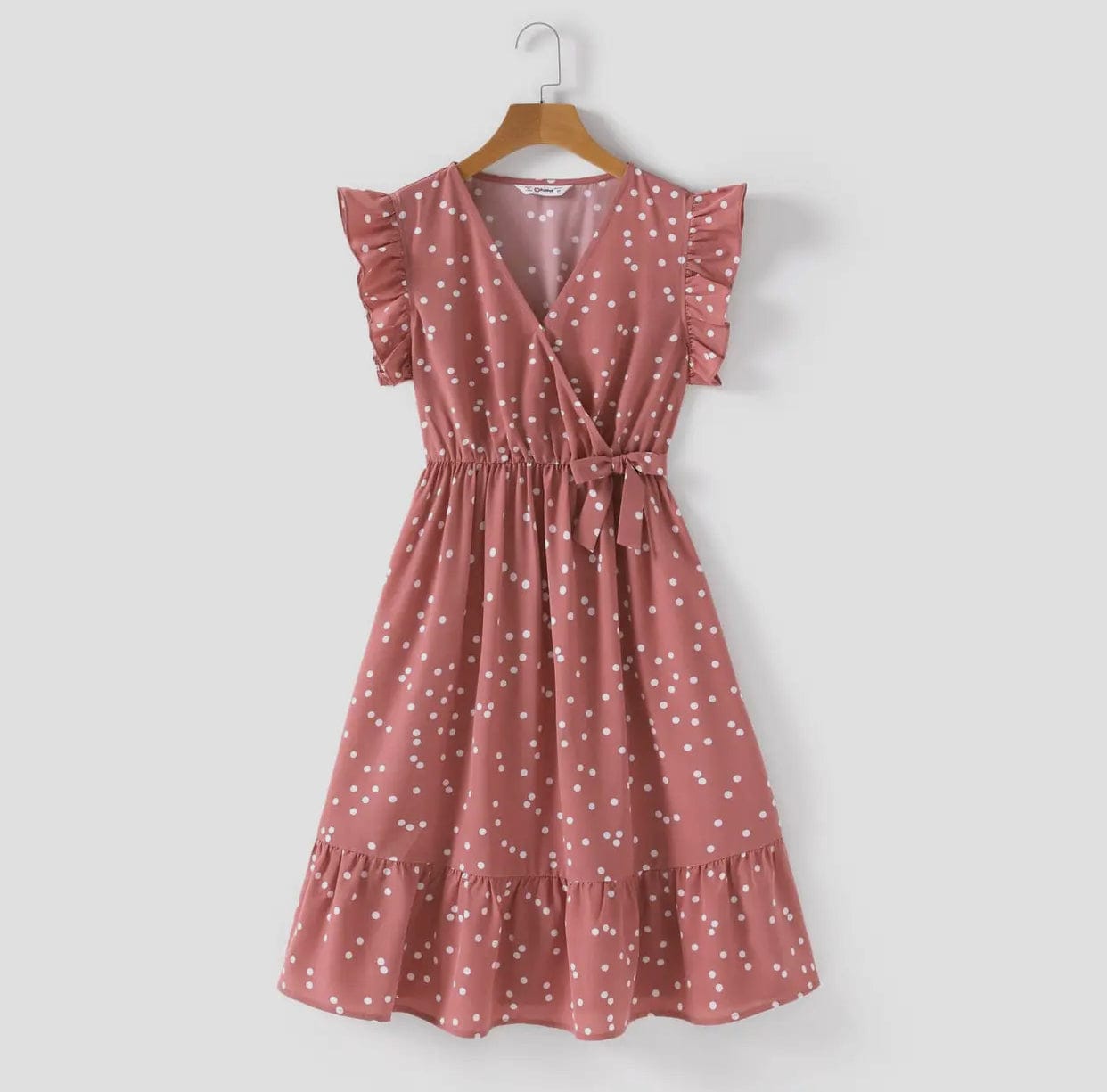 Pink Cross Wrap V-Neck Flutter-Sleeve Dress with Polka Dots