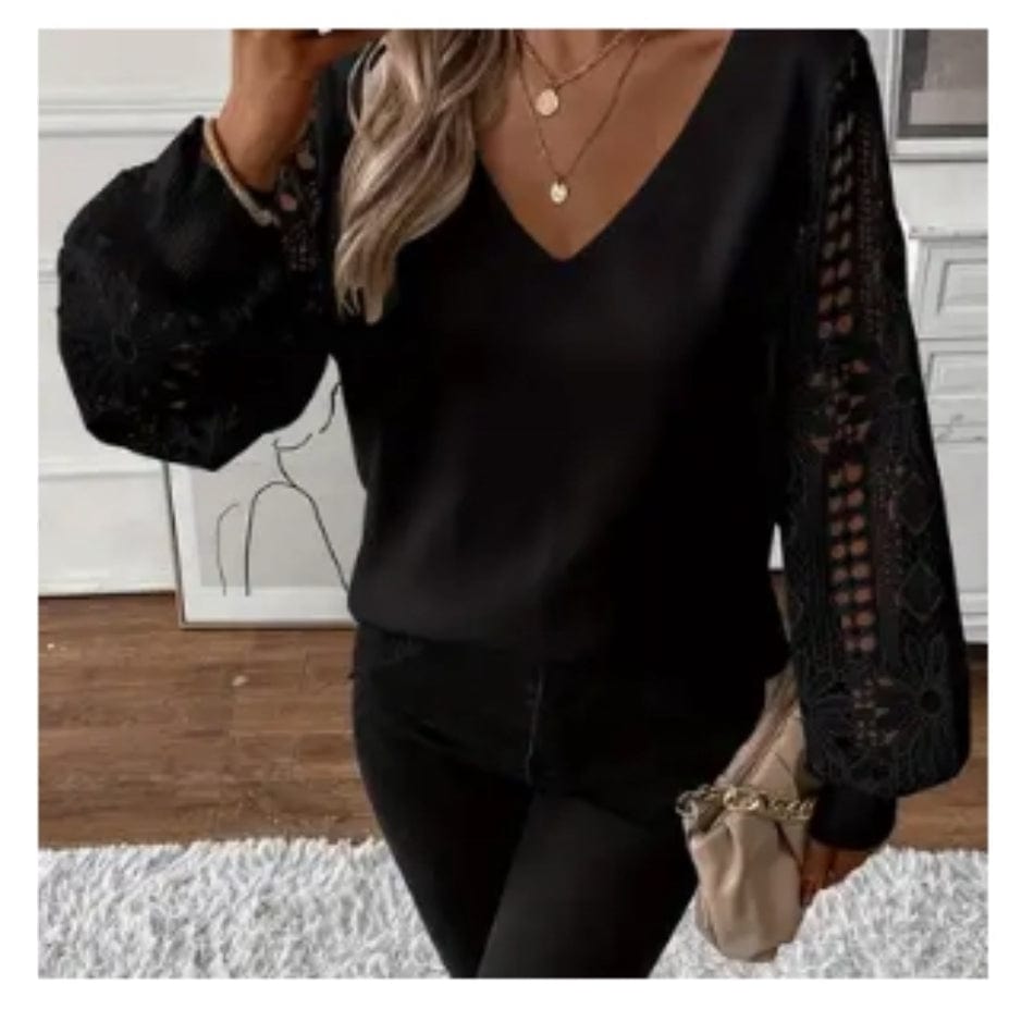 Lace Sleeve V-Neck Knit Sweater