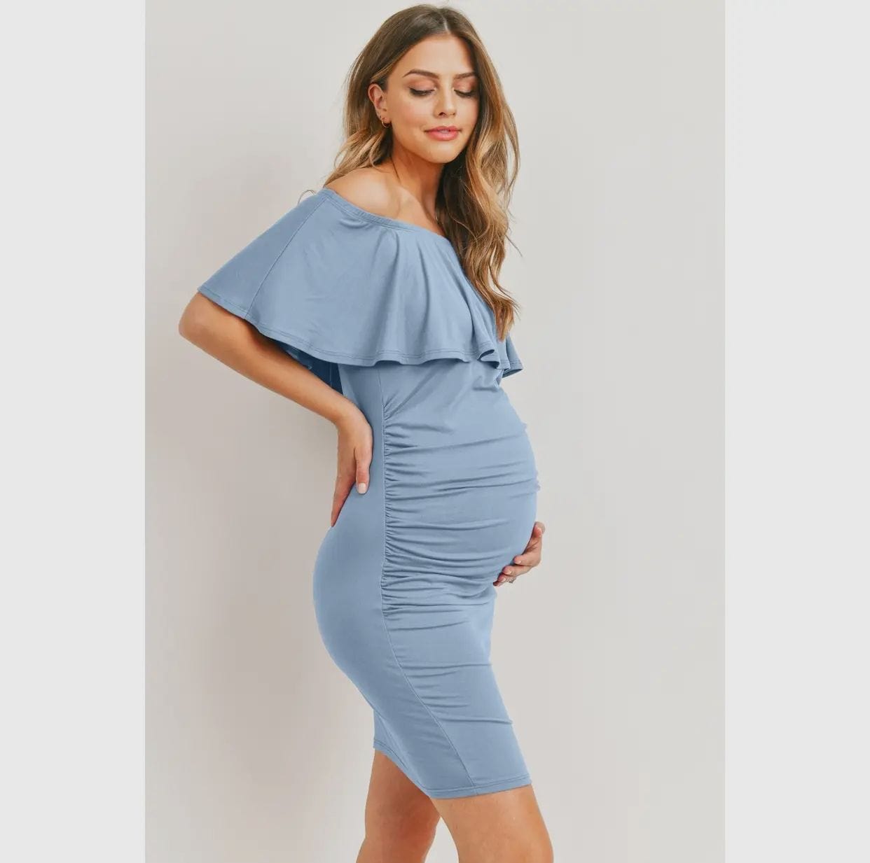 Mini-Ruffle Off-The-Shoulder Ruched Maternity Dress