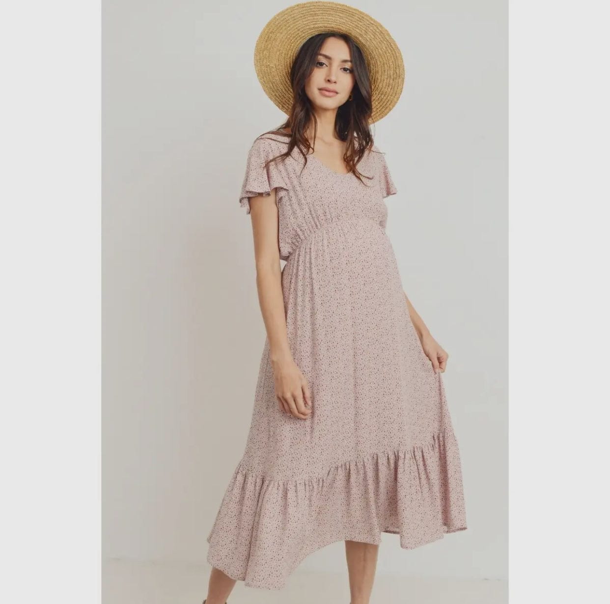 Flutter Sleeve V-Neck Maternity Ruffle Midi Dress