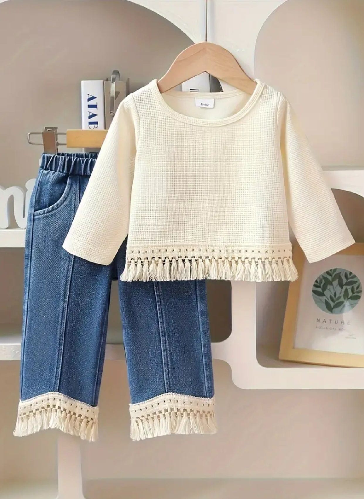 Girls’ Long Sleeve Top and Denim Pants with Tassels Set