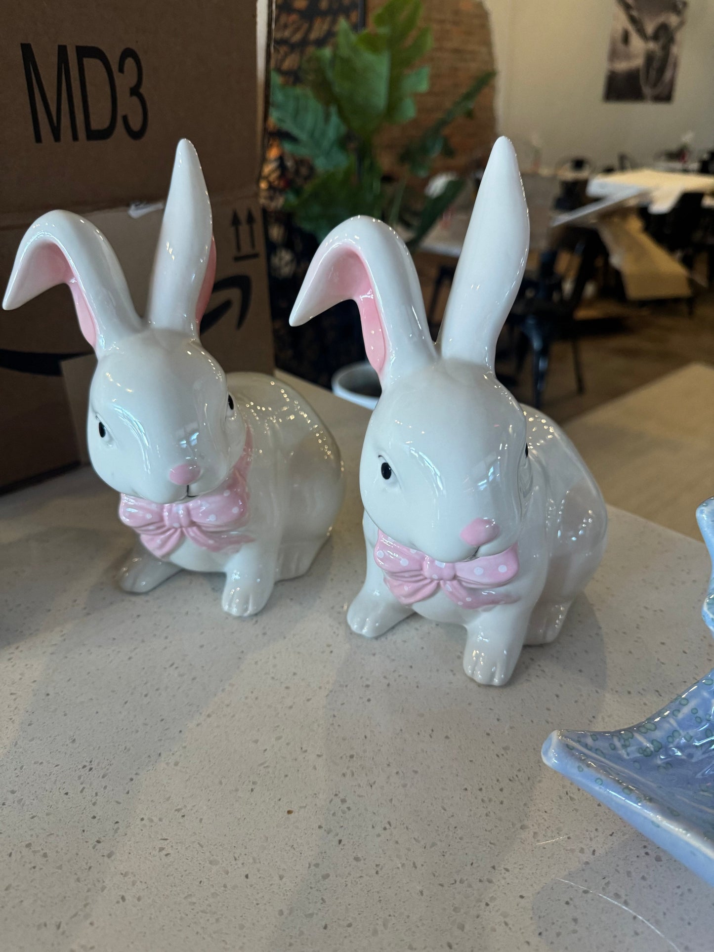 White ceramic Bunny with Pink bows