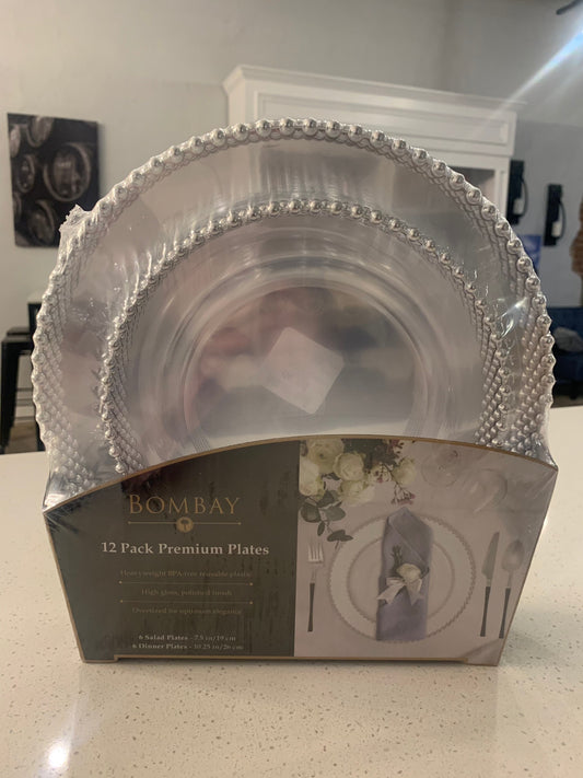 12-pk Platic Plates w/ Silver Beaded Edges