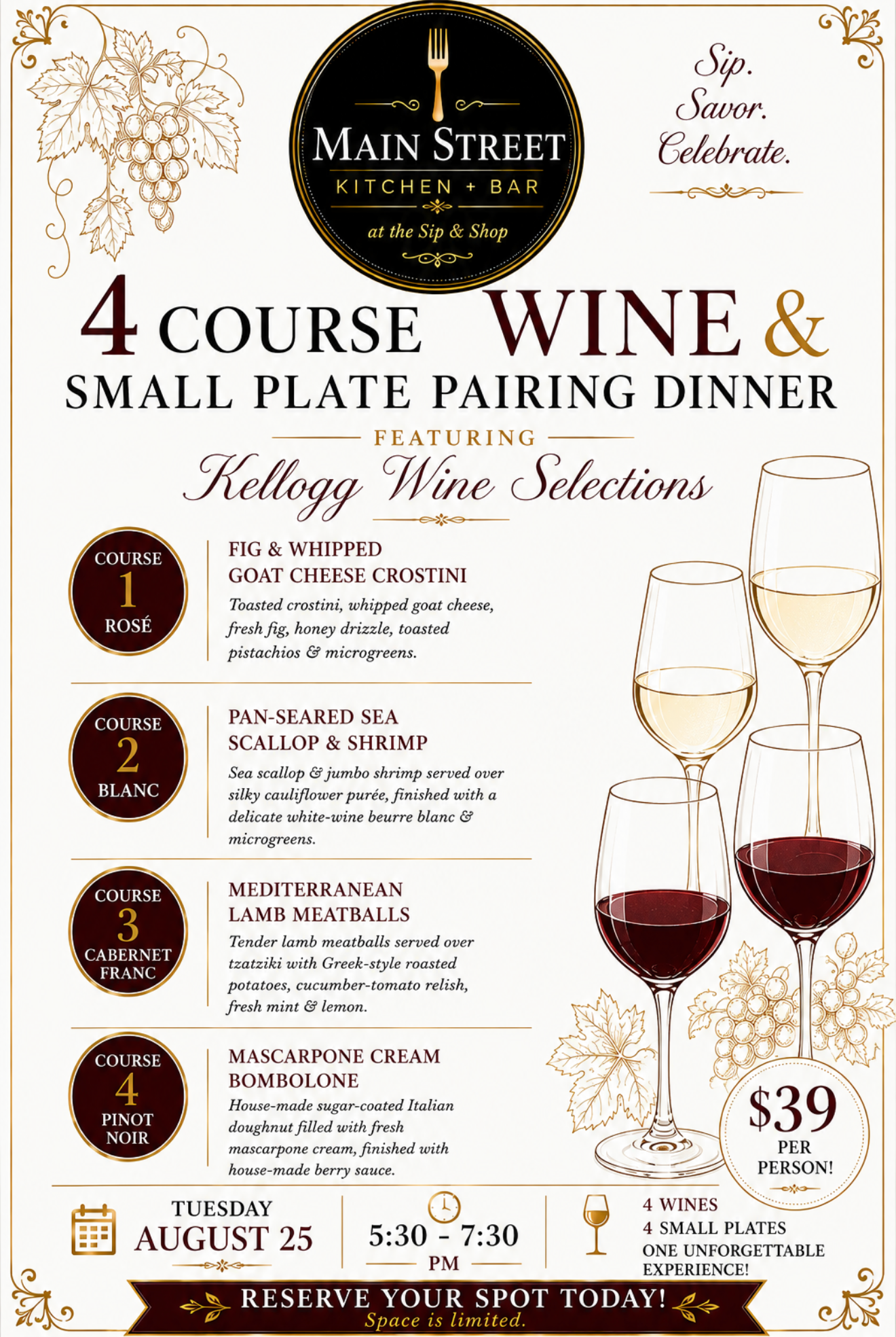 Kellogg Wine Pairing Dinner August 25th