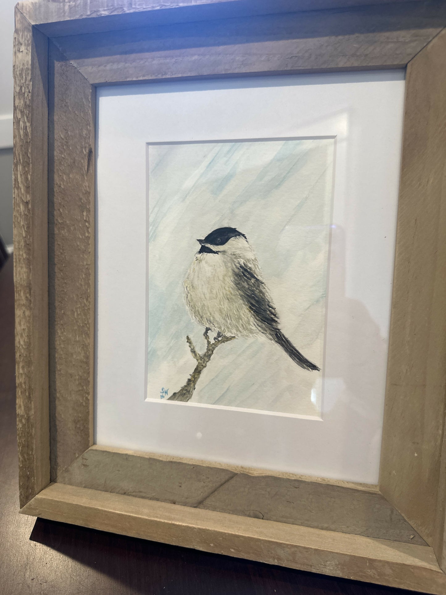 11x14 Wood framed 5x7 Original Watercolor “Fluffly Chickadee”