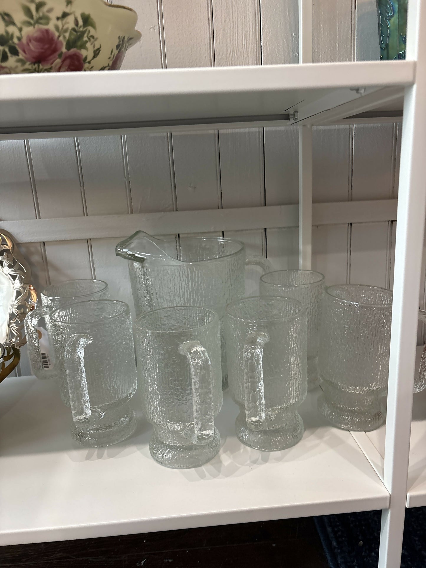 Indiana glass “crystal ice “ pitcher & six mugs