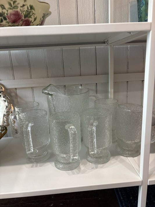 Indiana glass “crystal ice “ pitcher & six mugs