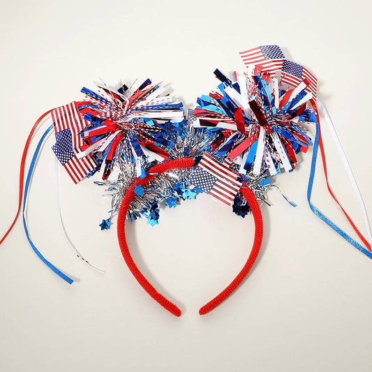 American USA Flag Patriotic Bow Tinsel Pom Headband