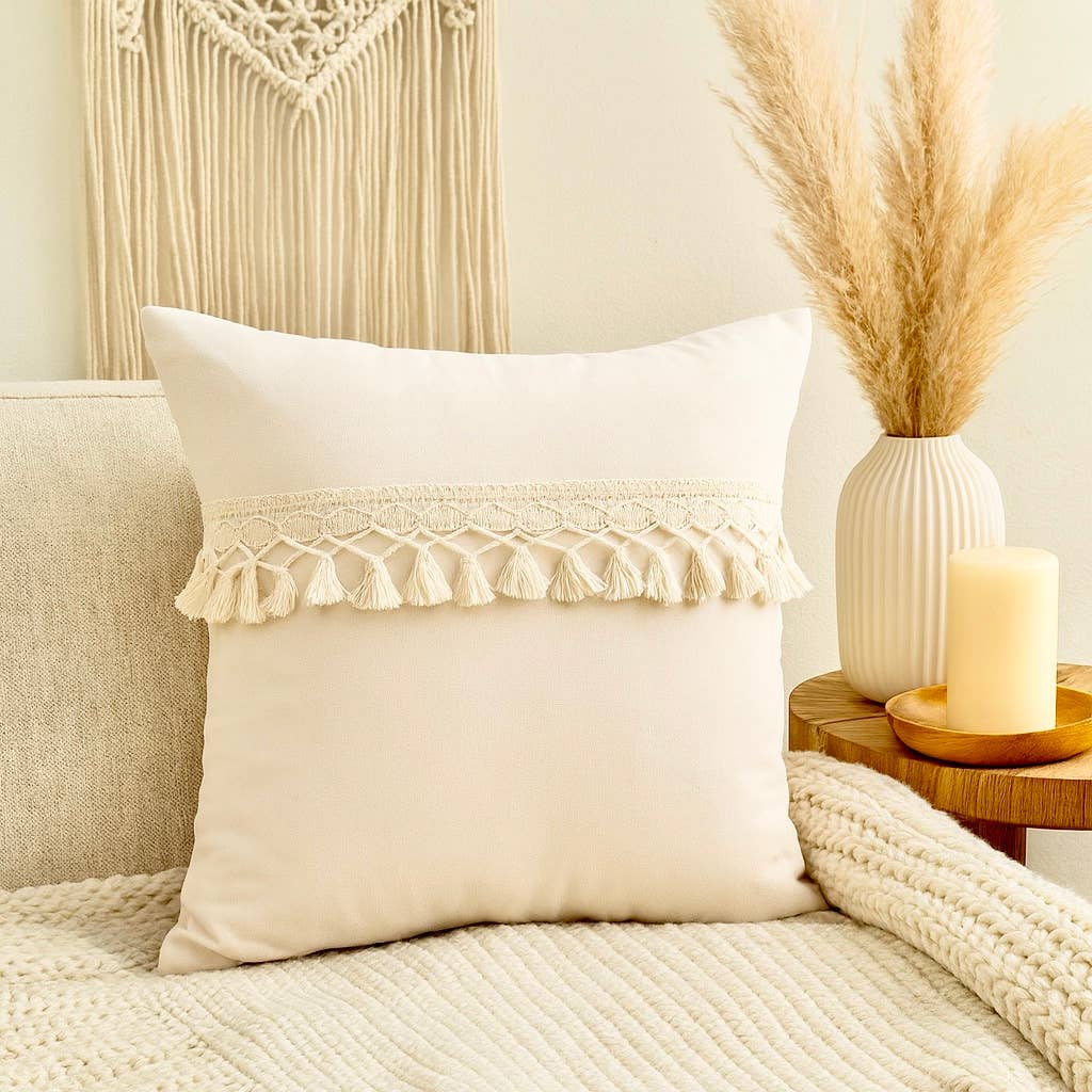 Boho Tassel Throw Pillow 18"x18" with Insert Home Decor