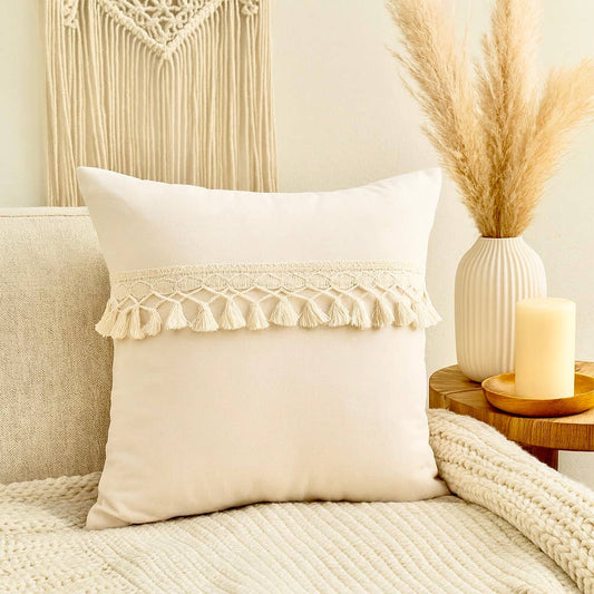 Boho Tassel Throw Pillow 18"x18" with Insert Home Decor