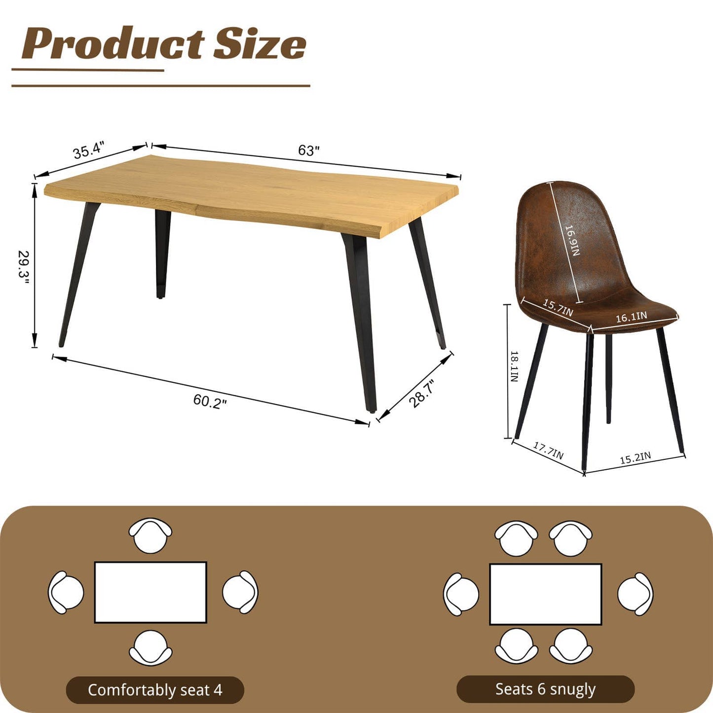 5-Piece Dining Set-63" Wave-Edge Table and Chair Options