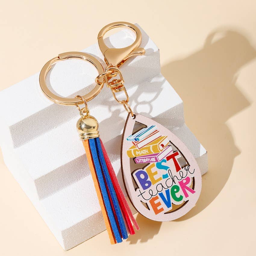 Rainbow Wooden Plaque Tassel Keychain Pendant