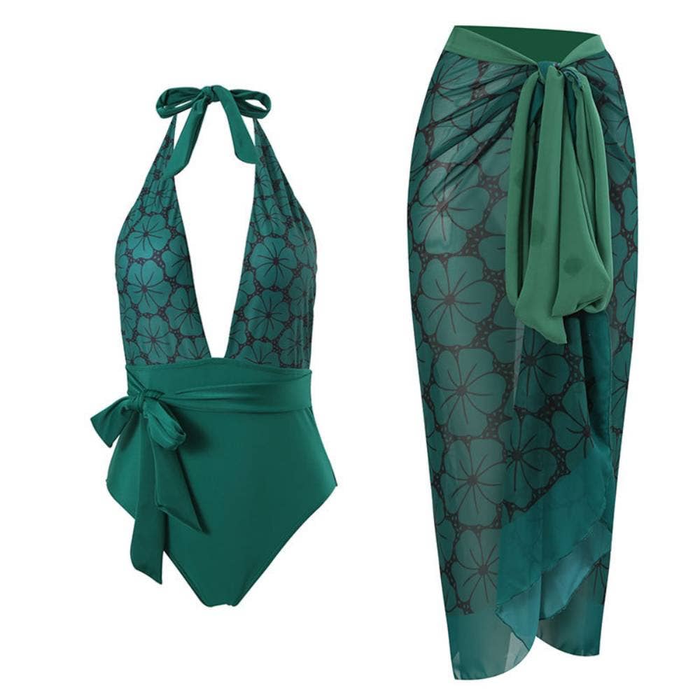 Flower Print Halter Swimwear with Cover