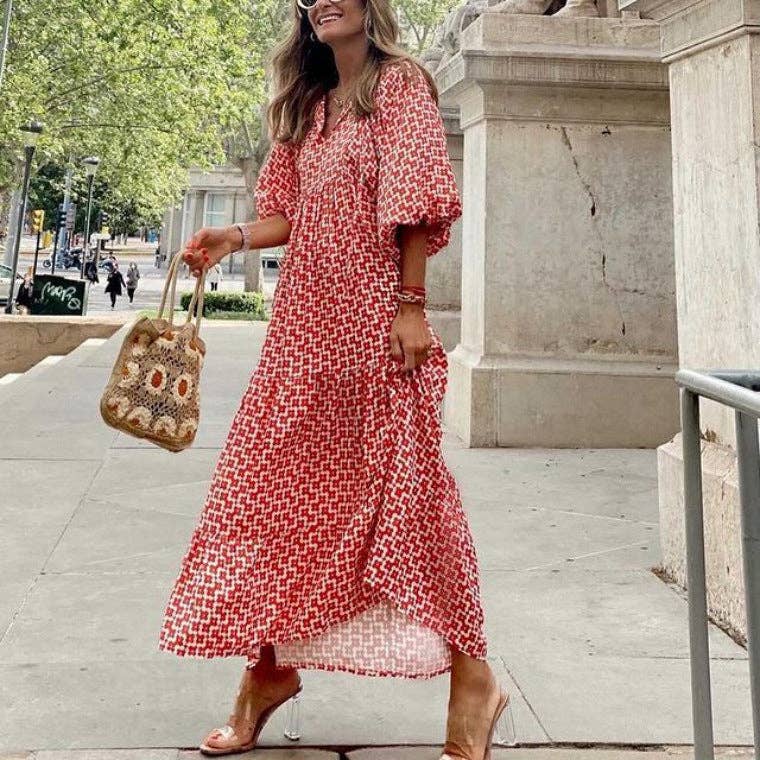 Geometric Abstract Collage Puff Sleeve Dress